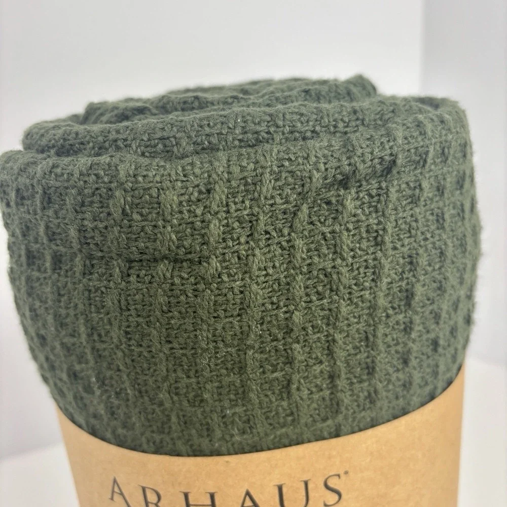 ARHAUS Waffle Knit Throw Blanket Dark Green 100% Cotton NEW 50 X 60
